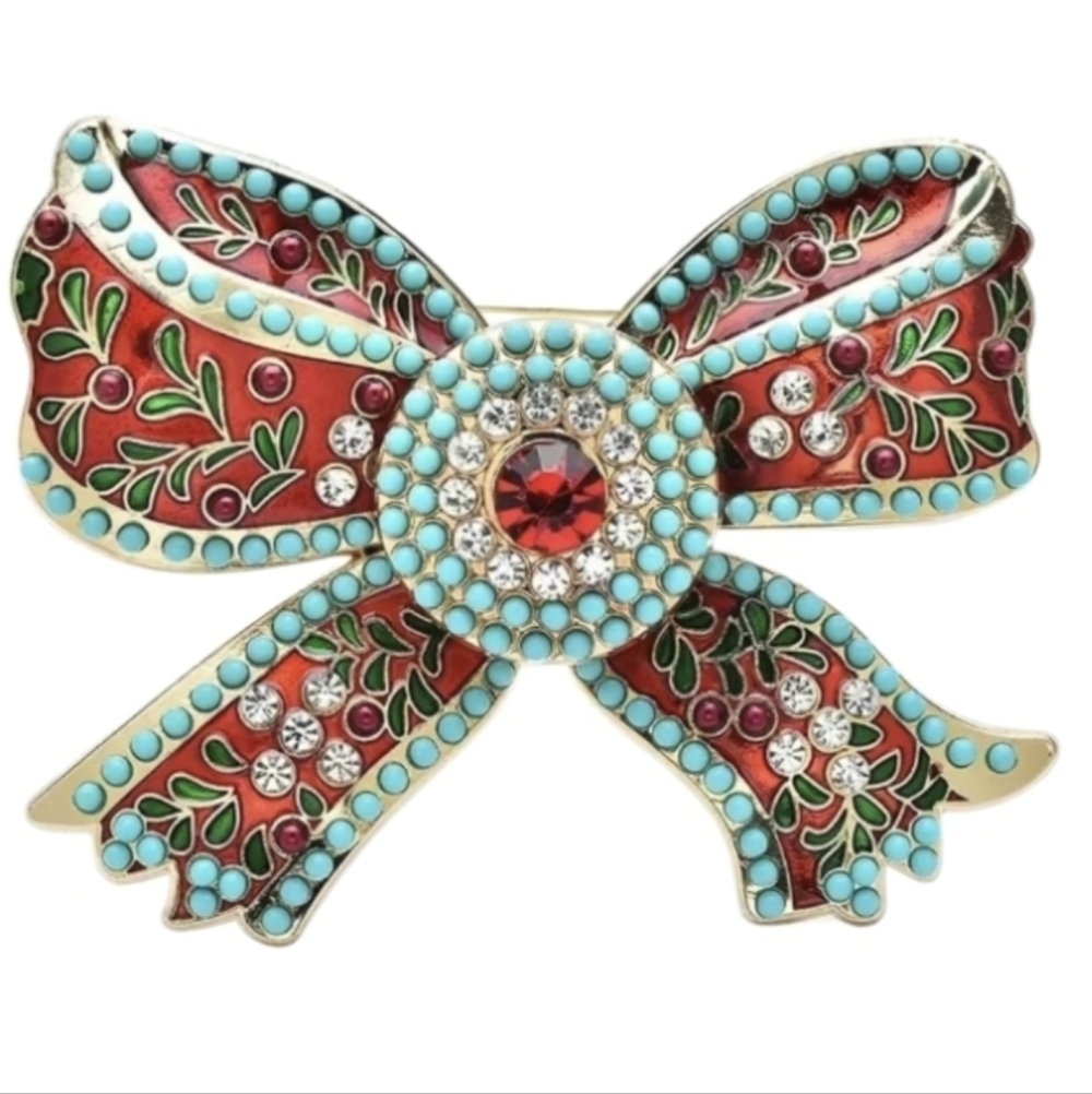Nwot ANTHOPOLOGIE holiday Bow Brooch Pin Xl Vintage Style turquoise Holiday